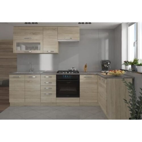 Cocina esquinera completa LASSEN 240x165cm con encimera – Decoración roble Sonoma