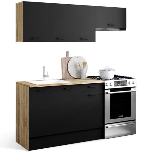 Cocina completa SUBTIL de 180 cm con encimera de madera y negra de 5 elementos