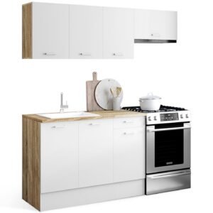 Cocina completa SUBTIL de 180 cm con 5 elementos de encimera de madera y blanco