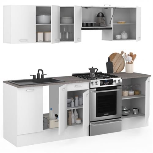 Cocina completa IDMARKET SUBTIL con encimera de 7 elementos blancos y encimeras efecto hormigón