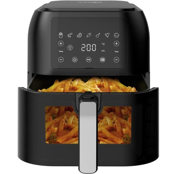 Freidora de aire Iceeagle XXL de 8,5 l, con ventana, color negro, 7 programas, 1700 W, 55 dB