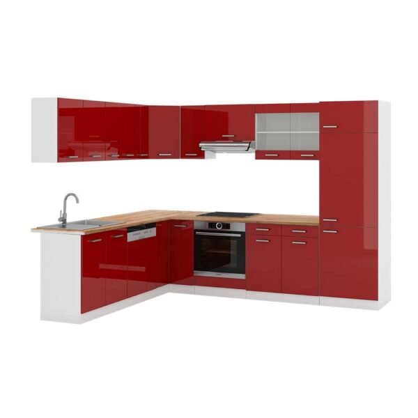 Cocina esquinera Vicco R-Line, burdeos/blanco de alto brillo, 227 x 287 cm, roble PT - Imagen de 5
